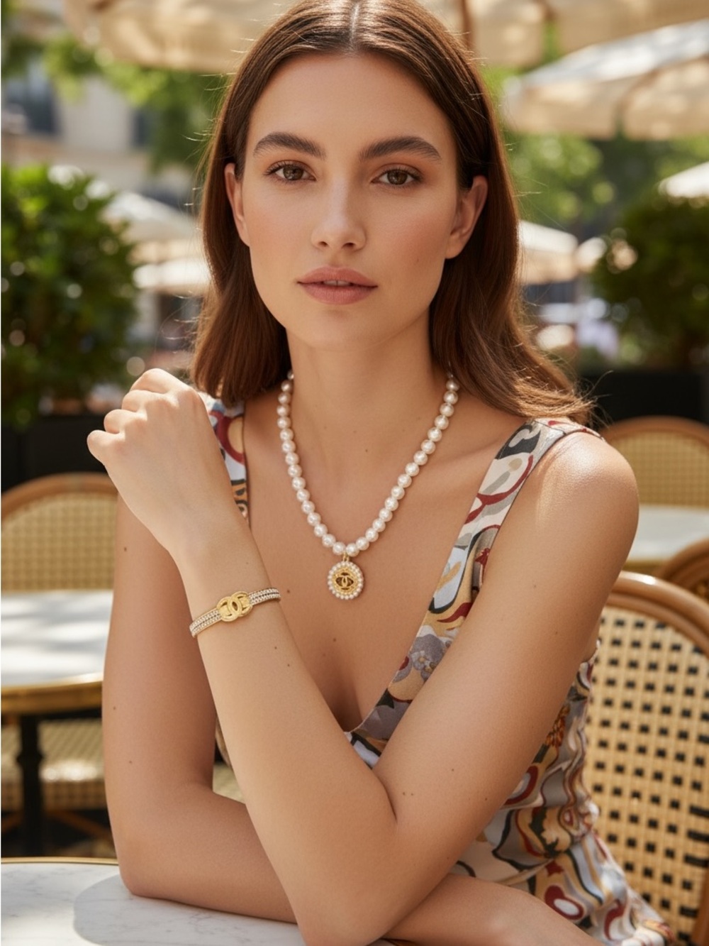 Ivory Pearl Necklace with Gold CC Medallion Pendant